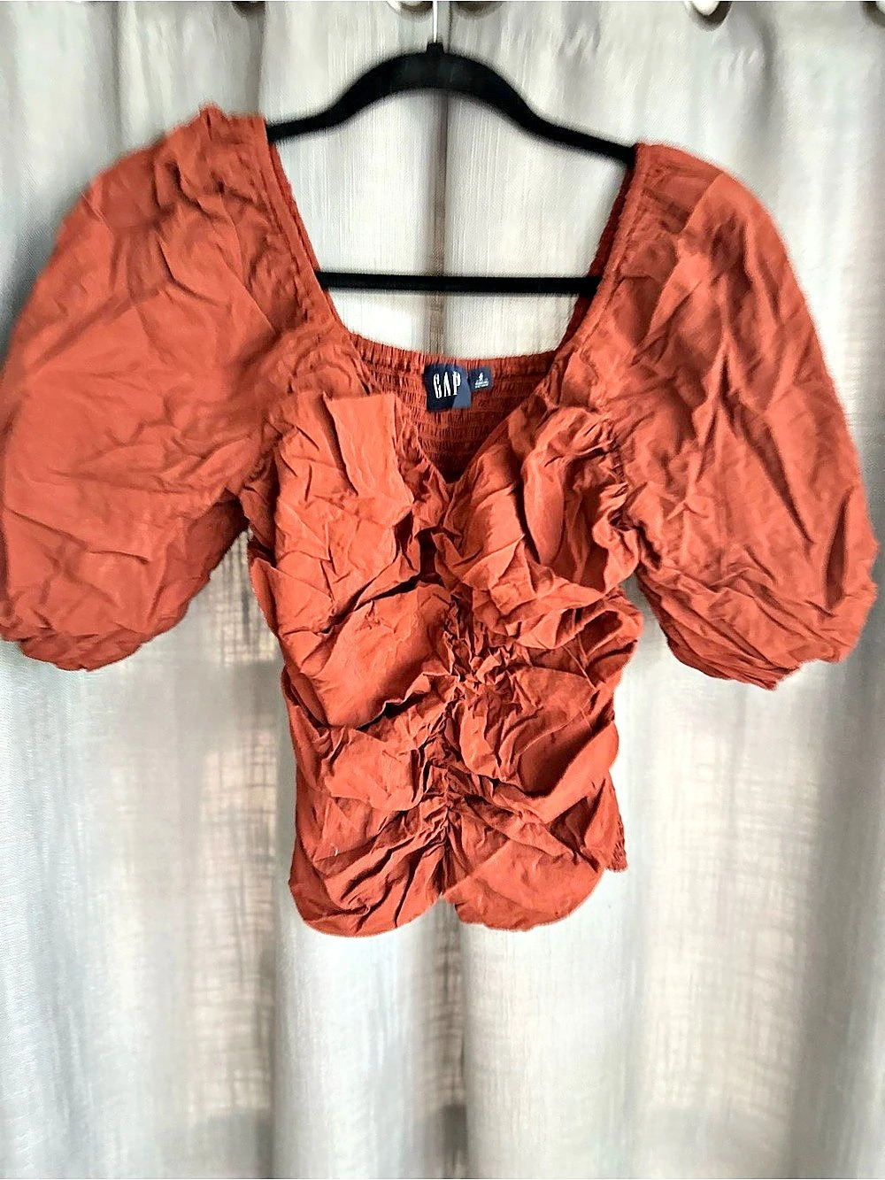 Gap Ruched Puff Sleeve Blouse in Orange Small Like New